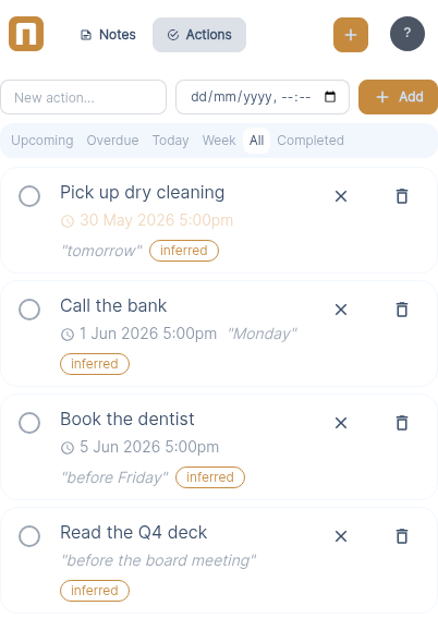 Notom's Actions view: extracted to-dos with resolved due dates across Upcoming, Overdue, Today and This Week filters