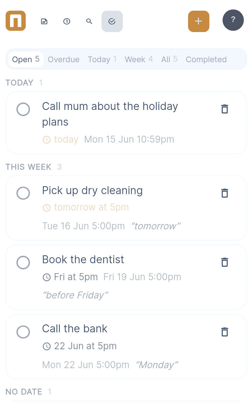 Notom's Actions list grouped by Overdue and This week, each to-do auto-extracted with its date resolved from natural language