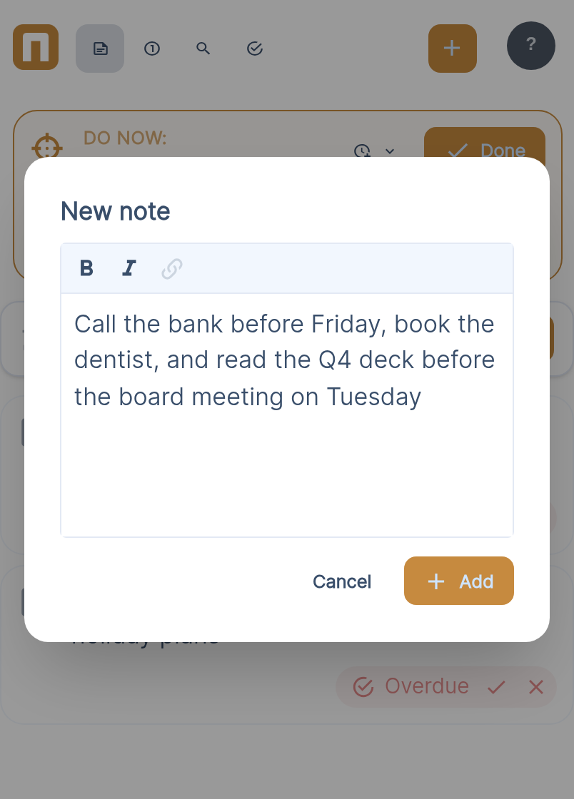 Notom's New note box open over the notes list, a messy multi-task thought typed in one field
