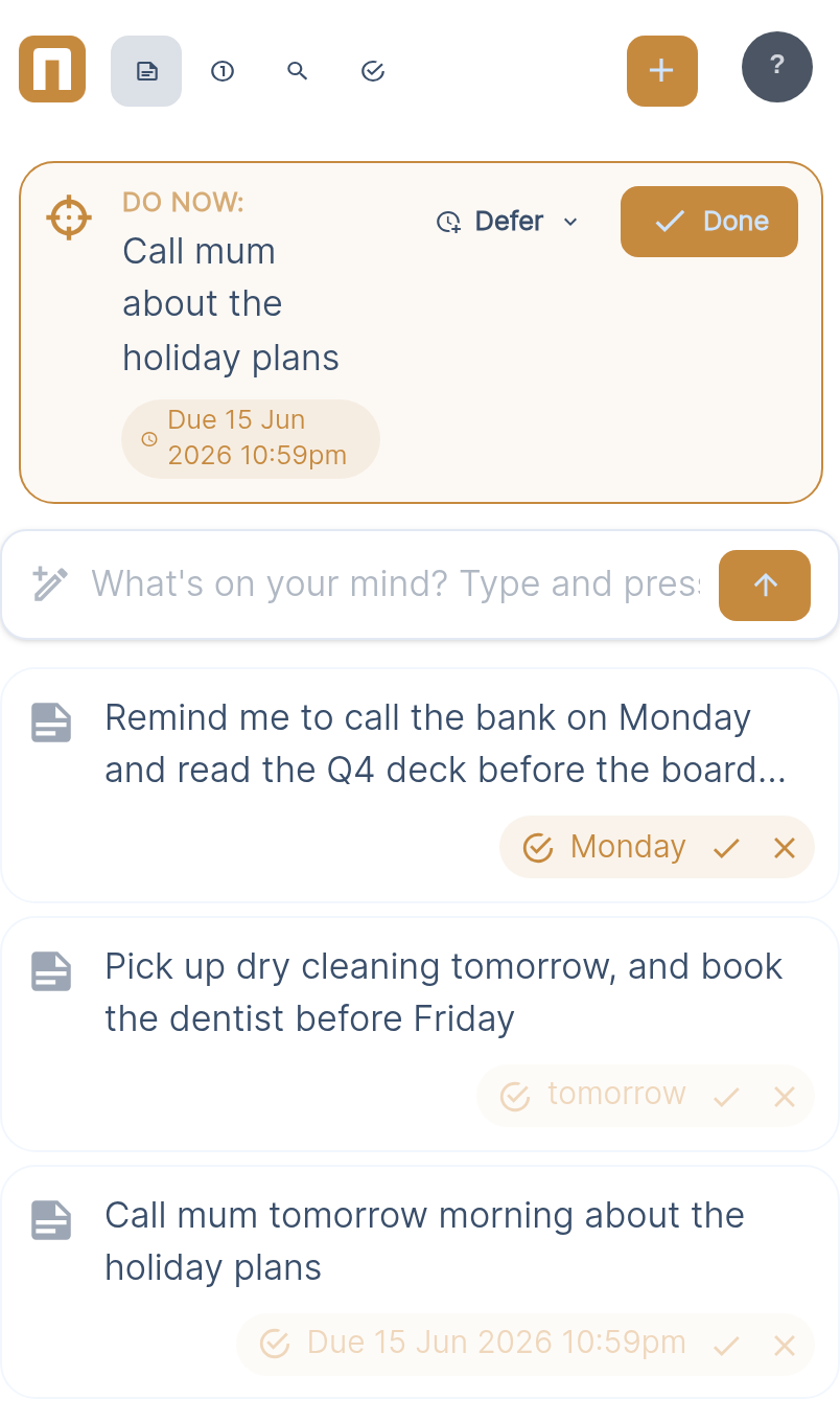 Notom's notes list: no folders, tags or projects, just notes with their dates resolved automatically