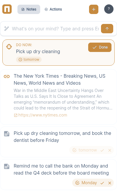 Notom turning captured notes into dated to-dos. A "pick up dry cleaning" note scheduled for tomorrow, an unfurled link, and more